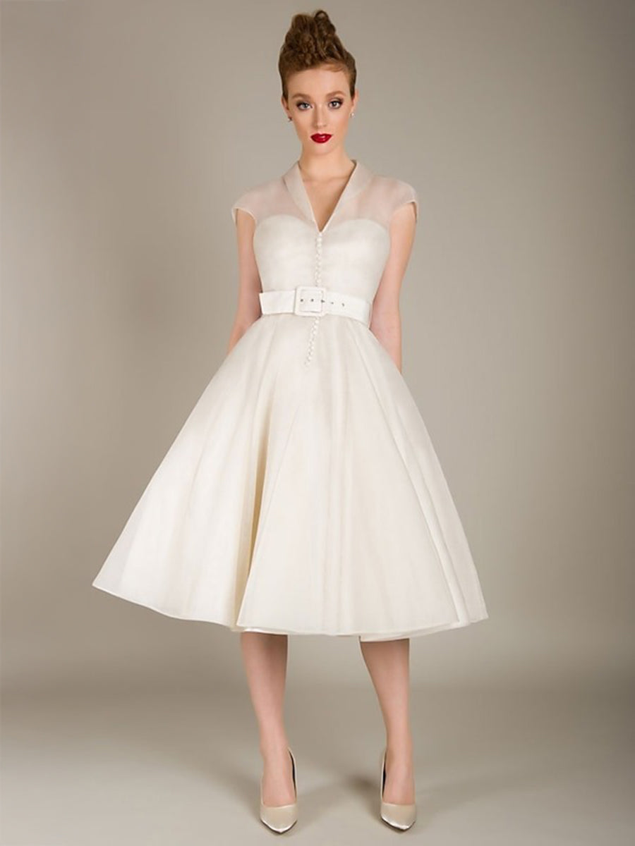 A-Line/Princess Little White Dress Tulle Formal/Wedding Dresses Sweetheart&V-Neck Short Sleeves Tea-Length Cocktail Dresses With Sash / Ribbon