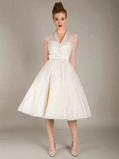 A-Line/Princess Little White Dress Tulle Formal/Wedding Dresses Sweetheart&V-Neck Short Sleeves Tea-Length Cocktail Dresses With Sash / Ribbon