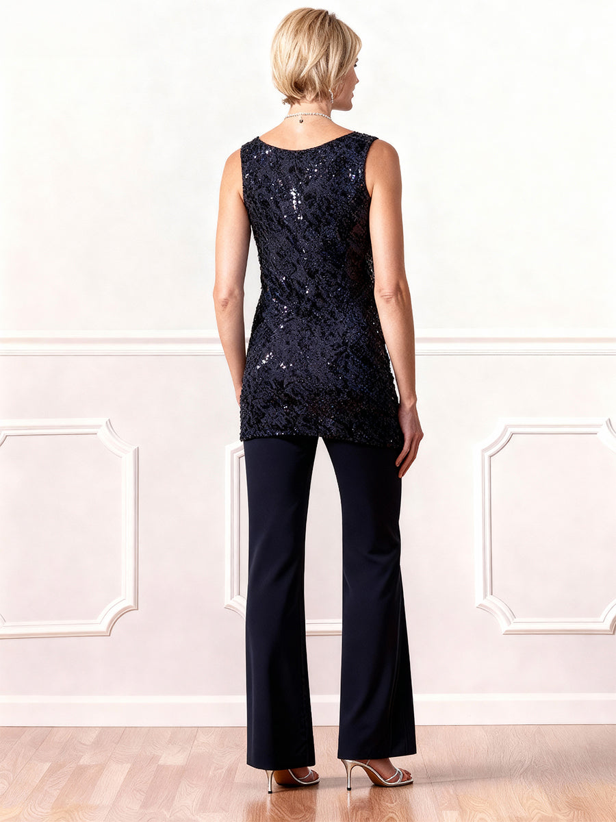 Chiffon Mother of the Bride Pantsuits 3 Pieces Scoop Neck Floor-Length With Jacket&Appliques Lace