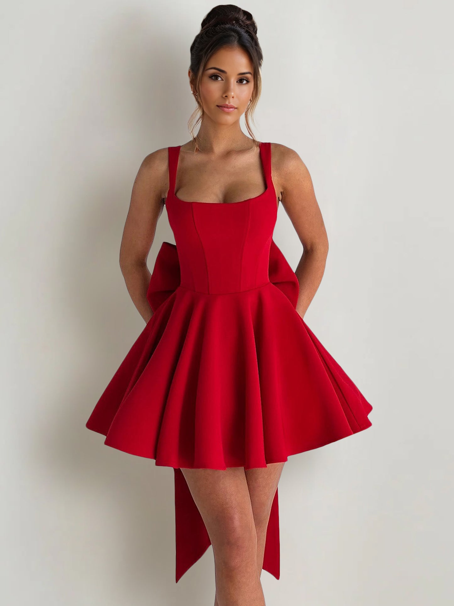 A Line/Princess Christmas Party Dresses Cocktail Short/Mini Spaghetti Straps Sleeveless With Detachable Bow Homecoming