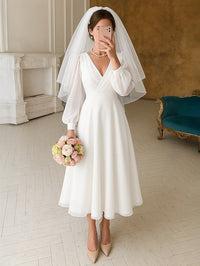 A-Line/Princess Little White Dresses For Formal/Wedding Dresses V-Neck Long Sleeves Ankle-Length Chiffon Daily Dresses With Pleats&Back Zipper