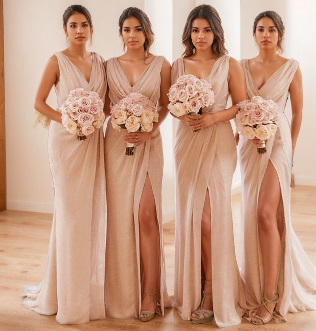 Sheath/Column V-Neck Sleeveless Floor-Length  Chiffon Bridesmaid Dress