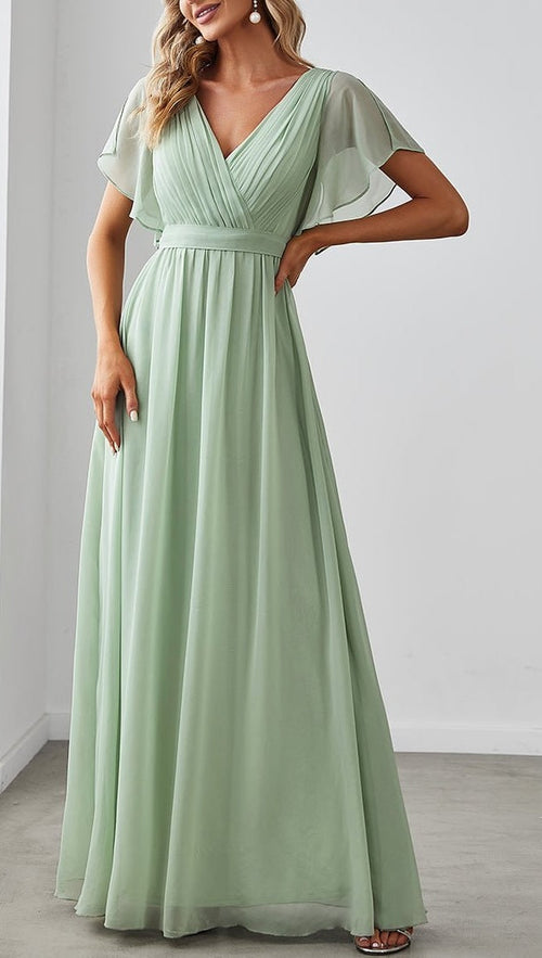 A-Line/Princess Chiffon V-Neck Short Sleeves&Ruffles Floor-length Long Bridesmaid Dresses