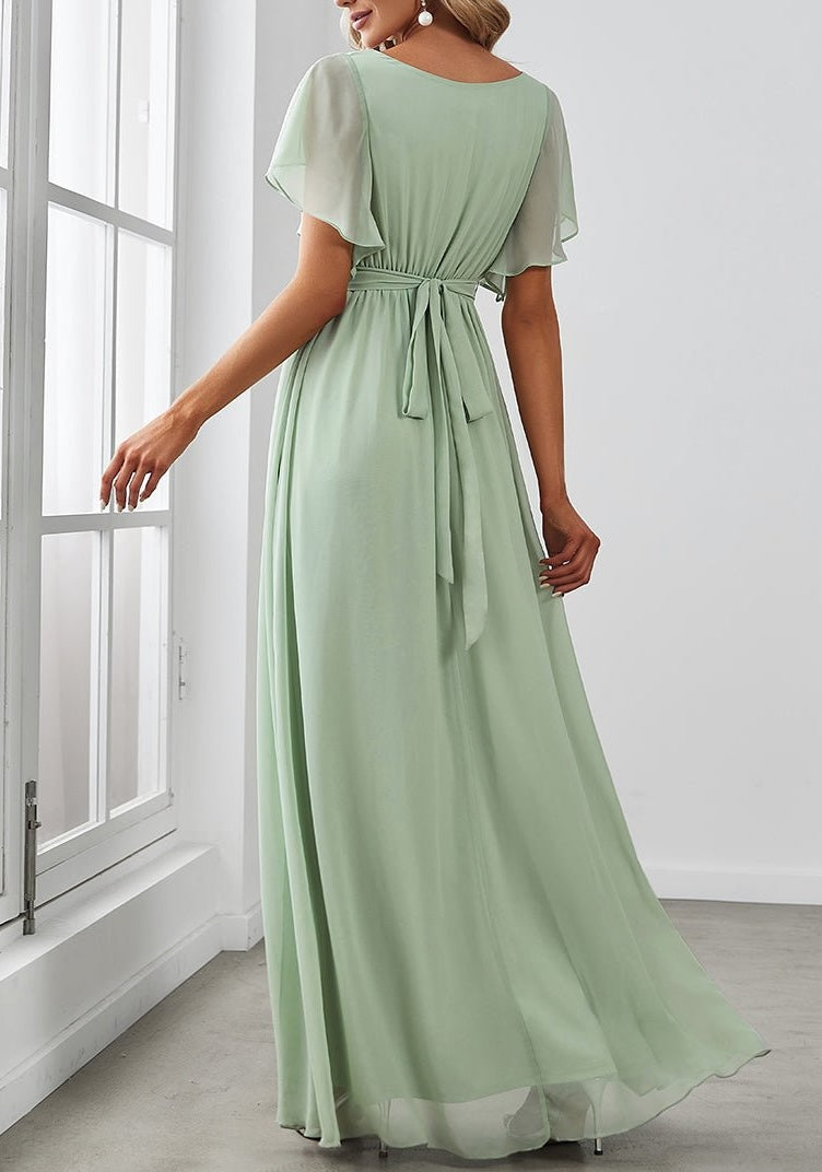 A-Line/Princess Chiffon V-Neck Short Sleeves&Ruffles Floor-length Long Bridesmaid Dresses