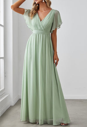 A-Line/Princess Chiffon V-Neck Short Sleeves&Ruffles Floor-length Long Bridesmaid Dresses