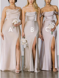 Sheath/Column Satin Off-the-Shoulder Sleeveless Floor-length Long Bridesmaid Dresses With Split Side