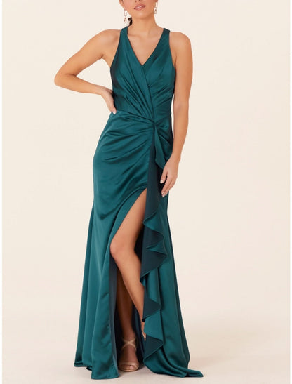 A-Line/Princess V-Neck Floor-length Long Bridesmaid Dresses With Split Side