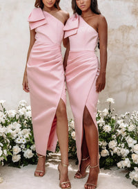 Sheath/Column Satin One-Shoulder Sleeveless Ankle-Length Long Bridesmaid Dresses