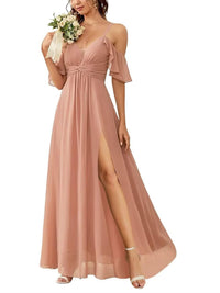 A Line/Princess Off-the-Shoulder Floor-Length Bridesmaid Dresses with Ruched Side Split
