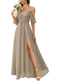 A Line/Princess Off-the-Shoulder Floor-Length Bridesmaid Dresses with Ruched Side Split