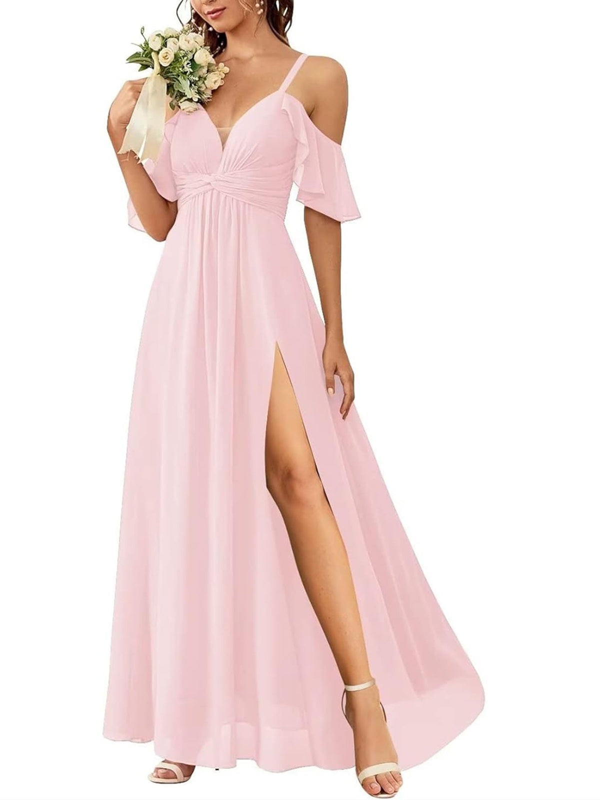 A Line/Princess Off-the-Shoulder Floor-Length Bridesmaid Dresses with Ruched Side Split