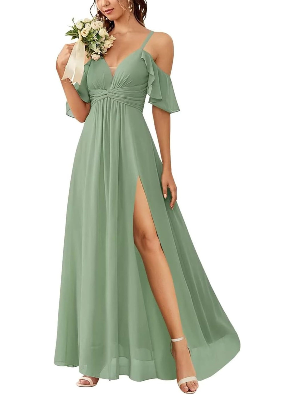 A Line/Princess Off-the-Shoulder Floor-Length Bridesmaid Dresses with Ruched Side Split