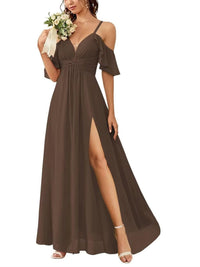 A Line/Princess Off-the-Shoulder Floor-Length Bridesmaid Dresses with Ruched Side Split
