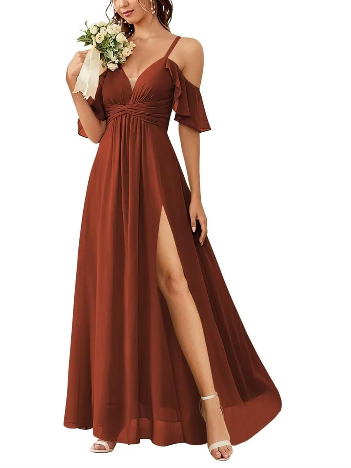 A Line/Princess Off-the-Shoulder Floor-Length Bridesmaid Dresses with Ruched Side Split