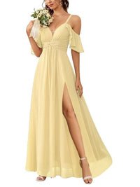 A Line/Princess Off-the-Shoulder Floor-Length Bridesmaid Dresses with Ruched Side Split