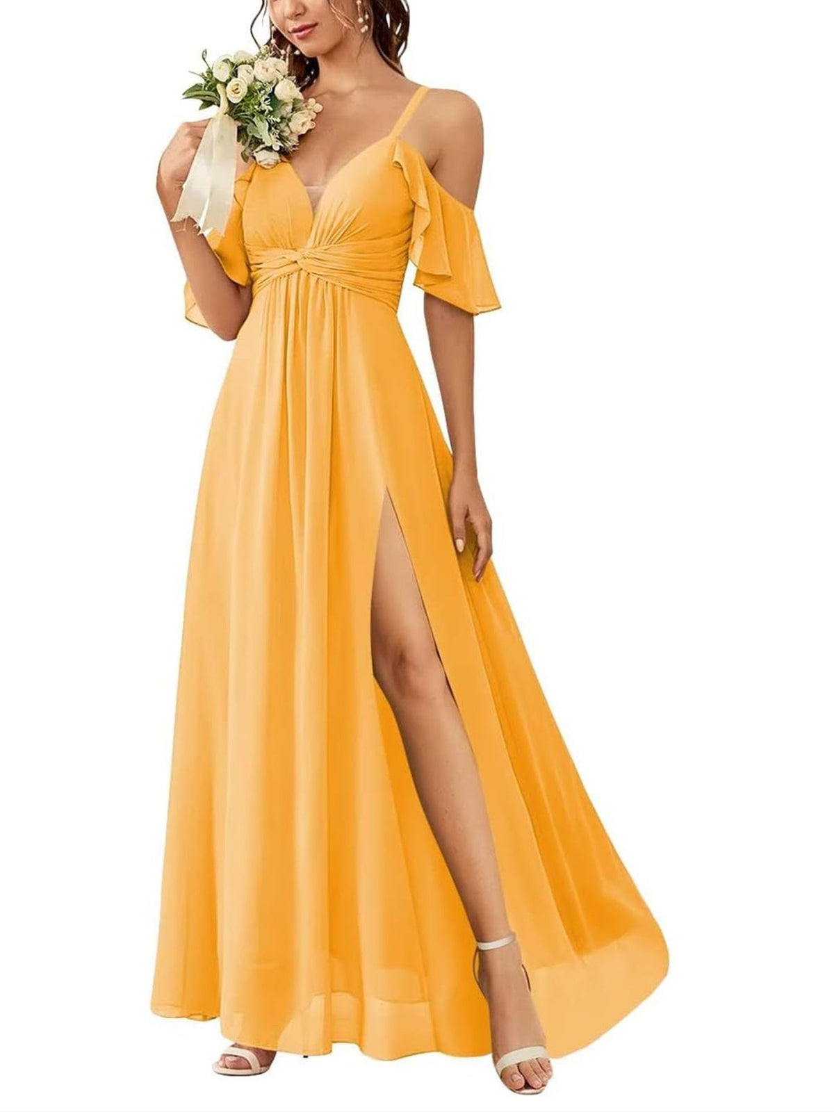 A Line/Princess Off-the-Shoulder Floor-Length Bridesmaid Dresses with Ruched Side Split