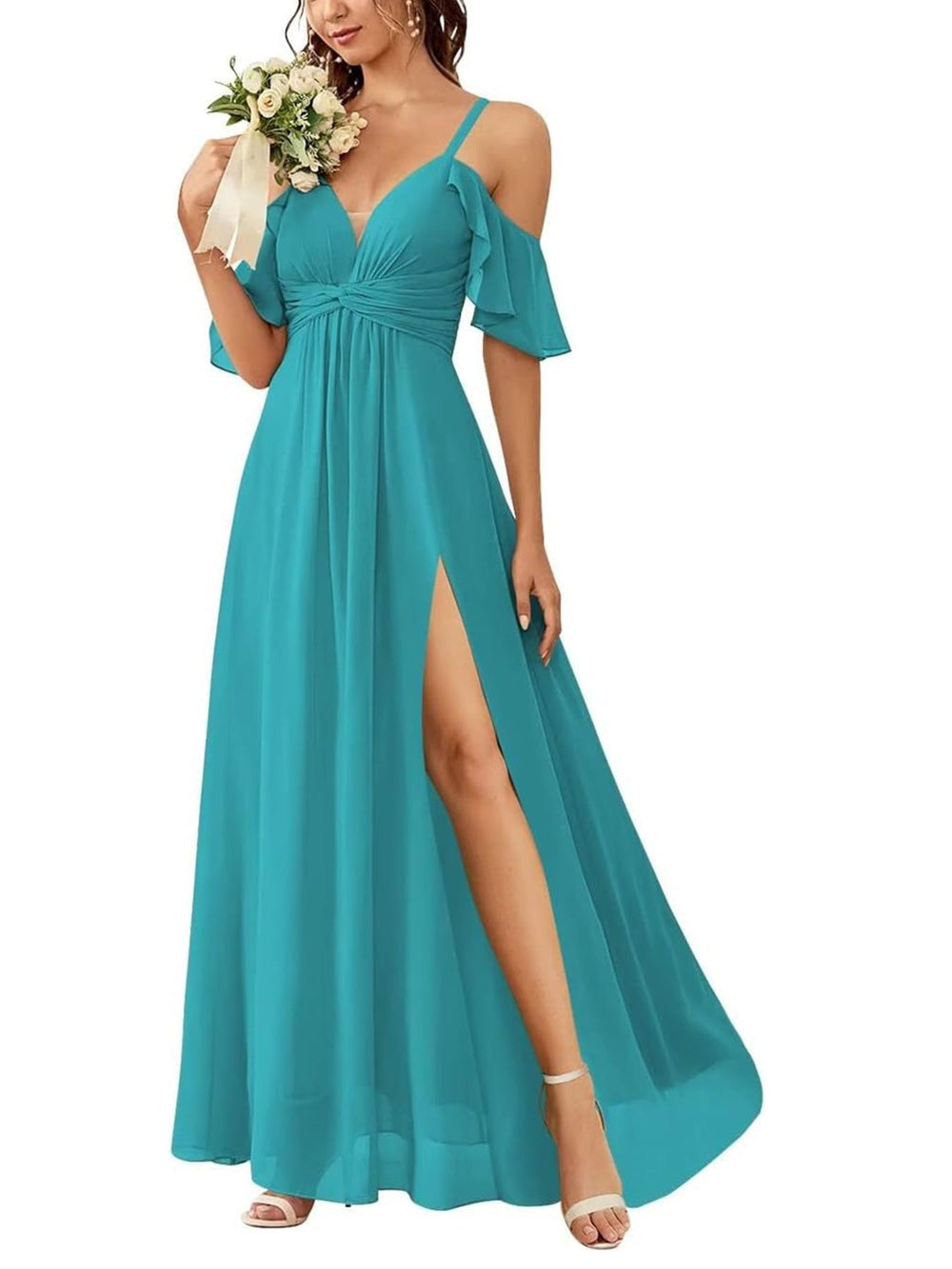 A Line/Princess Off-the-Shoulder Floor-Length Bridesmaid Dresses with Ruched Side Split