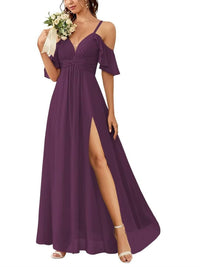 A Line/Princess Off-the-Shoulder Floor-Length Bridesmaid Dresses with Ruched Side Split