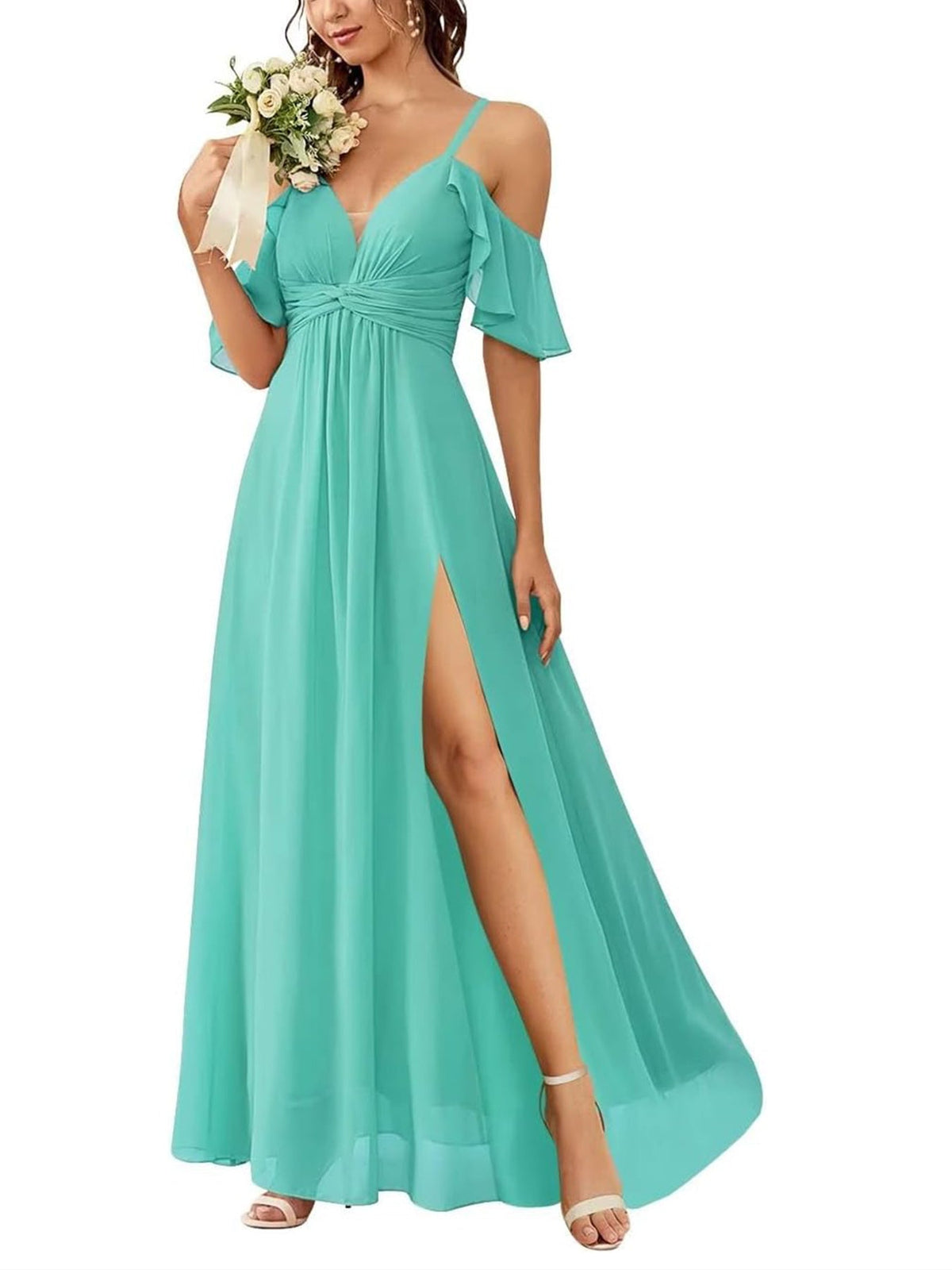 A Line/Princess Off-the-Shoulder Floor-Length Bridesmaid Dresses with Ruched Side Split