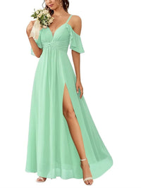 A Line/Princess Off-the-Shoulder Floor-Length Bridesmaid Dresses with Ruched Side Split