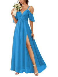 A Line/Princess Off-the-Shoulder Floor-Length Bridesmaid Dresses with Ruched Side Split