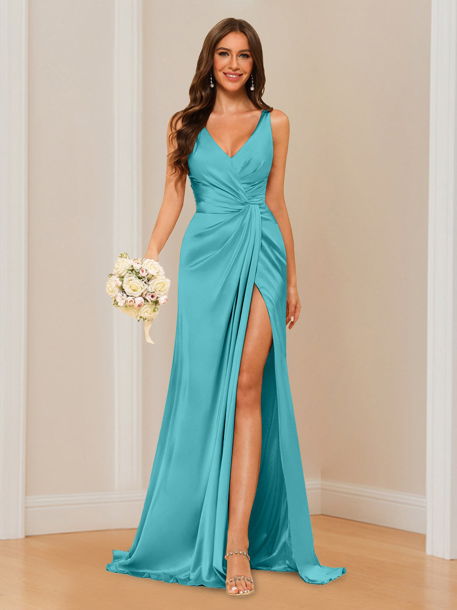 Sheath V-Neck Sleeveless Floor-Length Bridesmaid Dress with Ruched