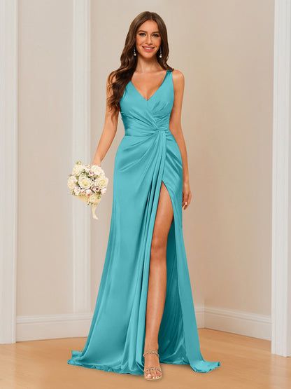 Sheath V-Neck Sleeveless Floor-Length Bridesmaid Dress with Ruched