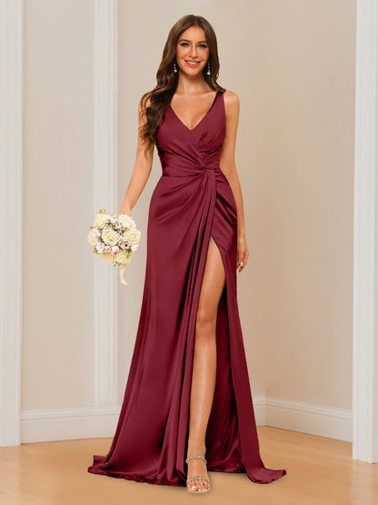 Sheath V-Neck Sleeveless Floor-Length Bridesmaid Dress with Ruched