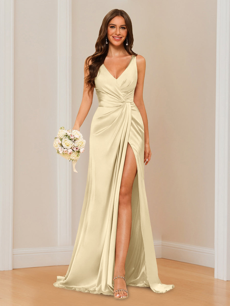 Sheath V-Neck Sleeveless Floor-Length Bridesmaid Dress with Ruched