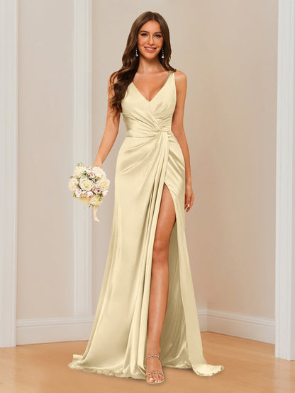 Sheath V-Neck Sleeveless Floor-Length Bridesmaid Dress with Ruched