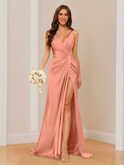 Sheath V-Neck Sleeveless Floor-Length Bridesmaid Dress with Ruched