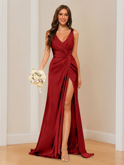 Sheath V-Neck Sleeveless Floor-Length Bridesmaid Dress with Ruched