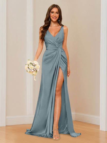 Sheath V-Neck Sleeveless Floor-Length Bridesmaid Dress with Ruched