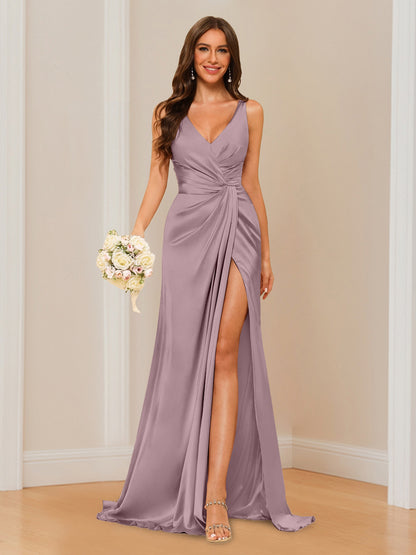 Sheath V-Neck Sleeveless Floor-Length Bridesmaid Dress with Ruched