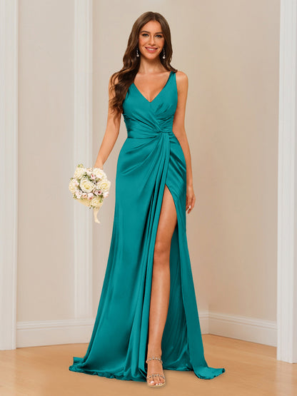 Sheath V-Neck Sleeveless Floor-Length Bridesmaid Dress with Ruched