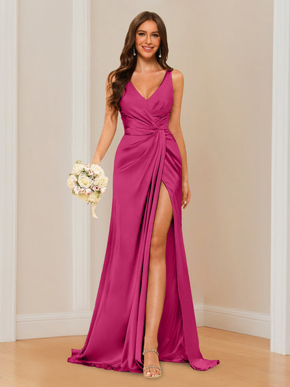 Sheath V-Neck Sleeveless Floor-Length Bridesmaid Dress with Ruched