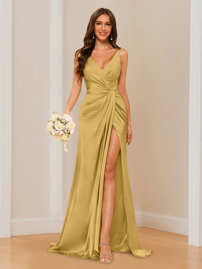Sheath V-Neck Sleeveless Floor-Length Bridesmaid Dress with Ruched