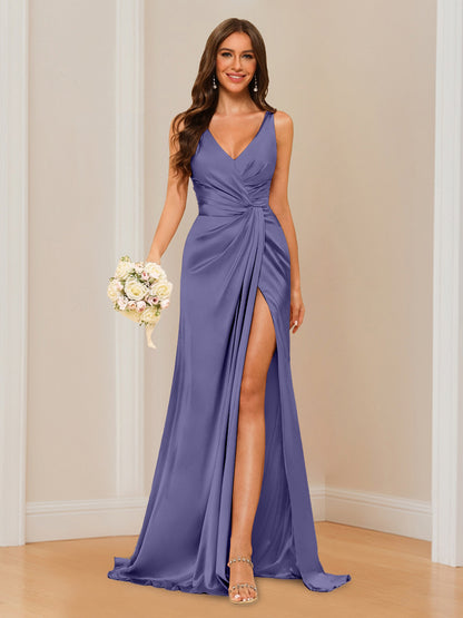 Sheath V-Neck Sleeveless Floor-Length Bridesmaid Dress with Ruched