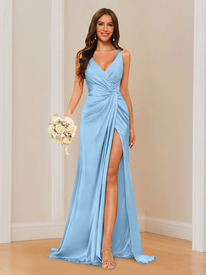Sheath V-Neck Sleeveless Floor-Length Bridesmaid Dress with Ruched
