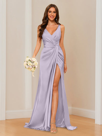Sheath V-Neck Sleeveless Floor-Length Bridesmaid Dress with Ruched