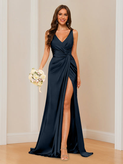 Sheath V-Neck Sleeveless Floor-Length Bridesmaid Dress with Ruched
