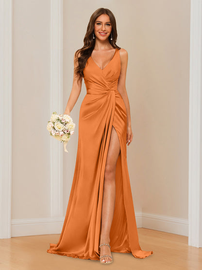 Sheath V-Neck Sleeveless Floor-Length Bridesmaid Dress with Ruched