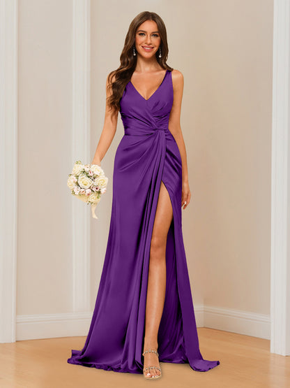 Sheath V-Neck Sleeveless Floor-Length Bridesmaid Dress with Ruched
