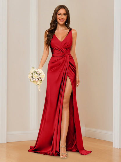 Sheath V-Neck Sleeveless Floor-Length Bridesmaid Dress with Ruched