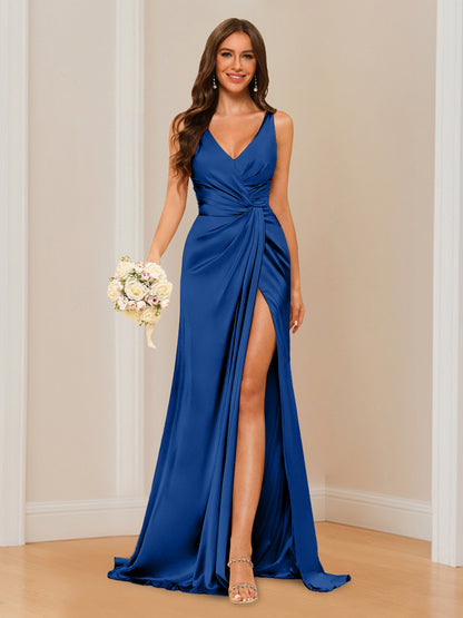Sheath V-Neck Sleeveless Floor-Length Bridesmaid Dress with Ruched