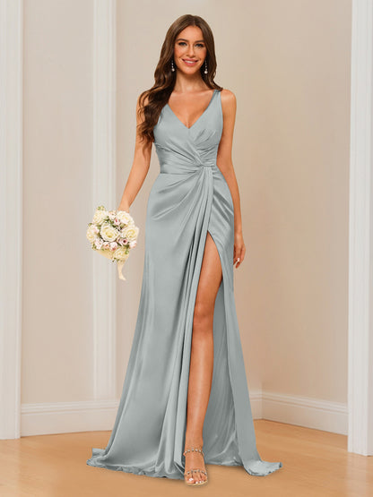 Sheath V-Neck Sleeveless Floor-Length Bridesmaid Dress with Ruched