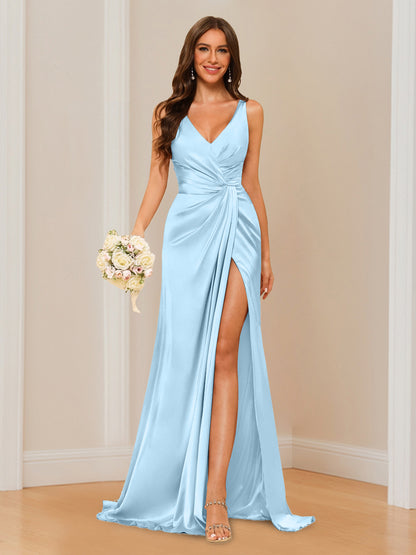 Sheath V-Neck Sleeveless Floor-Length Bridesmaid Dress with Ruched