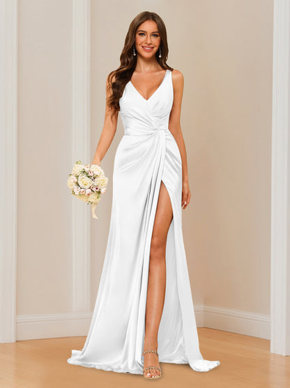 Sheath V-Neck Sleeveless Floor-Length Bridesmaid Dress with Ruched
