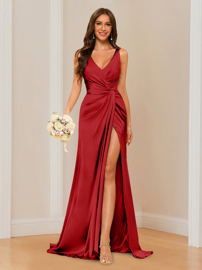 Sheath V-Neck Sleeveless Floor-Length Bridesmaid Dress with Ruched
