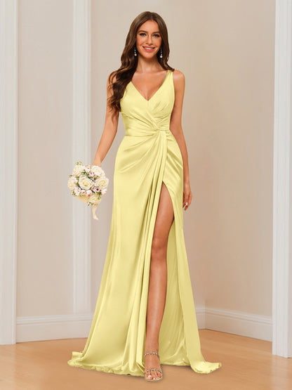 Sheath V-Neck Sleeveless Floor-Length Bridesmaid Dress with Ruched